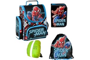 GOLDKIDS Spiderman Schulranzen ergonomischer Ranzen Turnbeutel Federmappe Regenschutz Grundschule 4er Set Lizenzartikel Marvel Spiderman Spider-man Comics
