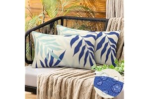HANRUNSI Outdoor Cushion Covers Waterproof 18 x 18 Inch Throw Pillow Covers for Furniture Patio Couch Garden Blue Leaves in Spring Summer Autumn Sofa Bed Linen Balcony Outside Cushions 30 x 50 cm Set of 2