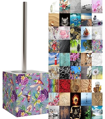 Porte-Brosse WC En Céramique Décoratif - Motif Fleurs Peint à La Main - 11x39 Cm - Design Italien
