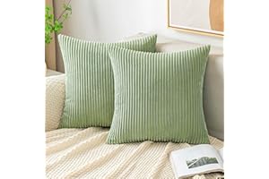EMEMA Cushion Covers Corduroy Square Throw Pillow Covers Striped Soft Sham Home for Sofa Couch Bedroom Decorative Pillowcases 18x18 Inch 45x45cm Set of 2 Bean-green