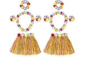 HONGXIN-SHOP Grass Skirts Hawaiian Hula Tropical Dance Skirt with Flower Bracelets Headband Necklace for Children Girls Women Party Celebration Costume Set of 4, Multicoloured