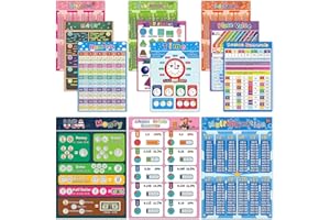 HOMIEVAR 12 affiches éducatives pour enfants, affiches mathématiques laminées pour salle de classe, école élémentaire, tableau de multiplication, valeur, argent, formes, fraction, soustraction, 40.6 x 27.9 cm
