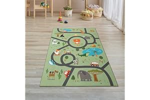 Teppich-Traum Tapis Chambre Enfant Tapis Enfant antidérapant Lavable Tapis Jeu Safari Rue Voitures Animaux Tapis Vert 80 x 150 cm, 354/GREEN_1