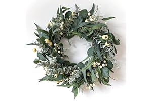 HomeKaren Kränze für Haustür, 55,9 cm, für alle Jahreszeiten, grüner Kranz, Oliven-Eukalyptusblätter und weiße gemischte Beeren für drinnen und draußen, Bauernhaus, Veranda, Wandfenster, Festival,