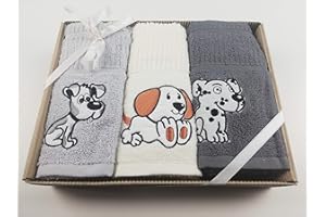 Sue Rossi Ltd 100% Turkish Cotton Tea Towels Embroidered Animal Cooks Cloth 3 Pack Kitchen Towel Gift Box Set Set (Dogs)