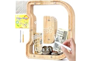 Lakpopya Hucha de Madera para Infantil Hucha Cerdito Personalizada de A-Z Hucha Billetes Transparente para Regalo Decoración Bautizo (D)