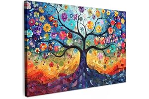 MuchoWow© Impression sur Toile Peinture 120x80 cm Tableau Mural Decoration Salon Reproductions de Tableaux Murale Moderne Art - Arbre de vie - Fleurs - Hippie