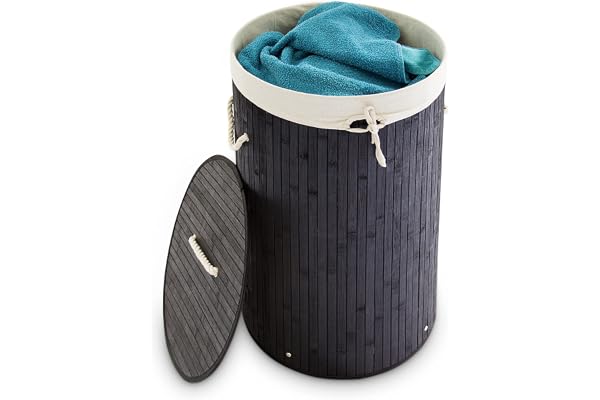 Relaxdays Panier à linge pliant corbeille pliable rond en bambou 80 litres 65 cm hauteur sac linge amovible, noir