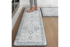 sarben 2 Piece Kitchen Mat Anti Fatigue Standing Mat 43x150cm+43x76cm – Non Slip Rug Kitchen Floor Mat Blue Boho Runner Rug Soft PVC Leather Cushioned Mat Waterproof, Oil-Resistant for Office