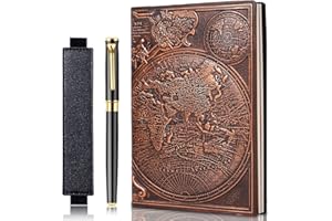 FEIDIAO Vintage Karte geprägtes Leder Notizbuch Reisetagebuch, A5 Schreib-Tagebuch, Tagebuch, Notizbuch, antike Handarbeit, liniertes Hardcover, mit schwarzem Kugelschreiber und Stifthalter,