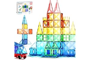 PicassoTiles Set di 63 blocchi magnetici a forma di diamante, blocchi di piastrelle con auto e camion