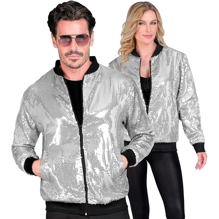 Veste Bomber Homme à Paillettes Noires – Style Années 70, Clubwear, Fête, Disco, Manches Longues