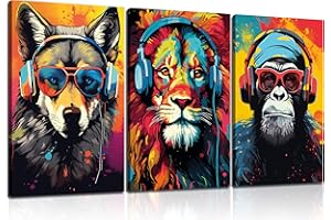 WSTUKVV Lot de 3 impressions sur toile de graffiti animalier, images avec écouteurs, lunettes de soleil, gorille, tigre, loup, gamer, peintures graffiti colorées pour adolescents, décoration murale encadrée