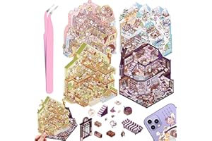 DRAUPNIR 4 Juegos DIY 3D Pegatinas Casa, DIY Sticker Scene Divertidas, Cafetería, Supermercado, Restaurante, Pegatinas 3D Escenas Lindo Cartoon Kit con 1 Pinzas