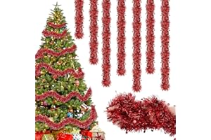 TUTUKYLE 8 Piezas Guirnalda de Oropel Navidad, 16M Espumillón Metálica Brillante, Rojo Decoracion Arbol de Navidad Adornos con Estrellas, Rojo Brillante Espumillón para Escaleras Chimenea