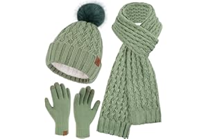 Bequemer Laden Womens Winter Hat Long Scarf Touch Screen Gloves Set Warm Beanie Hats Neck Warmer Knit Caps with Pom Fleece Lined Gifts for Women