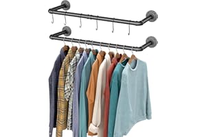 OROPY Industrial Pipe Clothes Bar Rack, Set of 2, 92cm Wall Mounted Detachable Retro Metal Garment Hanging Storage Rail (Double Base)