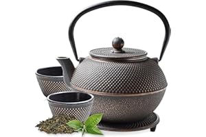 Tealøv TEIERA GHISA SET – Set Completo Teiera in Ghisa con Infusore, 2 Tazze et Sottoteiera – Interno completamente smaltato - Design Elegante in Stile Giapponese (ARARE 1,1 LITRO SET, Nero/Rame)