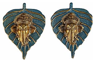 Charmy Crafts Small Metal Ganesha On Leaf, Wall Hanging, Room Decor, Best Housewarming, Gifts Article for Wall Decor Set of 2(Sunny Golden Finish) (Chlorine Blue)