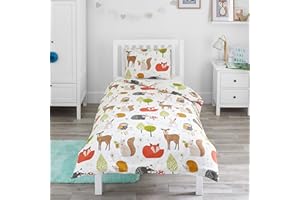 Bloomsbury Mill – Kids Cot Bed Duvet Cover and Pillows Set – Toddler Bedding for Boys and Girls – Woodland Animals Reversible Kids Cot Bed Duvet Cover and Pillow Case Set – 120 x 150 cm