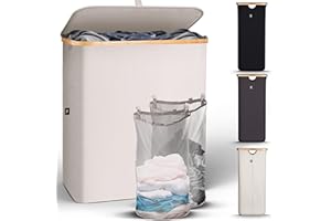 HENNEZ 141L Bamboo Beige Laundry Basket with Lid - Laundry Bin With Removable Bags - Double Laundry Basket With Handles - Dirty Clothes Basket