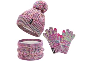 ZASFOU Dziecięca czapka typu pętla, szal do ekranu dotykowego, zestaw rękawiczek 3-6-12 lat, termiczna czapka zimowa, komin komin, rękawiczki, małe dzieci, dzianina, pompon, prezent dla dziewcząt i