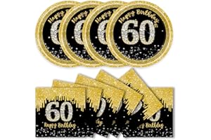 DHAIQC 50 Pcs 60th Birthday Paper Plates and Napkins Party Supplies, Black Gold 60th Party Plates and Napkins Tableware Set for Men Women Anniversary 60 th Birthday Decorations