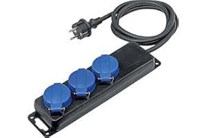 as - Schwabe 3-Fach Verteilersteckdosenleiste, Mehrfachstecker mit 1,5 m Leitung H07RN-F 3G1,5, Mehrfachsteckdosen mit Klappdeckel und Wandbefestigung, Aussenbereich, 230V, 16A, IP44, Schwarz, 38601