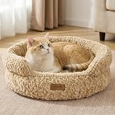 FUKUMARU Cat Bed, Cat Basket with Raised Edge and Low Opening, Non-Slip Base, Soft Plush Lining, Washable, 52 cm, Camel