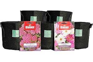 KliKil Maceta Bolsas de Cultivo - Kit 5 macetas geotextiles y Bolsas de Semillas Flores Blumen de Cosmos y Milenrama. Ideal para Plantas en terraza. Kit huerto Urbano para Exterior y Interior.