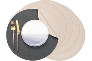 ‎BANCHIF Banchif Tischsets, Durchmesser 38cm Leinenimitat Platzsets Abwaschbar rutschfeste Tischsets Platzsets Doppelseitigen Platzdecken (Grau-Beige, Rund Satz von 6)