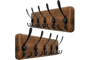 WEBI Coat Rack Wall Mount,Wood Coat Hooks Wall Mounted,16" Hole to Hole,Coat Hanger Wall,Hook Rack Rail,5 Triple Hooks for Hanging Coats,Hats,Jacket,Clothes,Rustic Brown,2 Packs