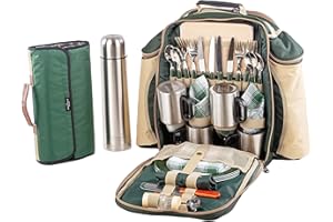 Greenfield Collection Super Deluxe Forest Green Picnic Backpack Hamper for Four People with Matching Picnic Blanket