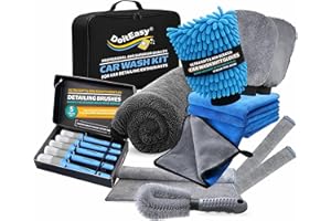 DoitEasy 15pc All in 1 Car Cleaning and Washing Kit With XL Drying Microfiber Towel, Soft Detailing Brush Set, Microfibre Mitt Glove, Sponge and Alloy Wheel Brush - Gift Set