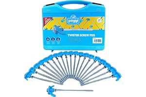 Peggi Screw in Tent Pegs - 20 Pack with Case - Heavy Duty Screw in Tent Pegs - Drill Adapter 13mm Socket Compatible - For Hard, Shale, Rock & Firm Ground Surfaces - Dims: Height 183mm x Diameter 7.3mm