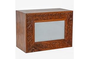 Hind Handicrafts Rosewood Border Engraved Engraved Wooden Cremation Urns for Human Ashes Adult - Handcrafted Photo Funeral Memorial Ashes Urn - Large Columbarium Urn (Large, Natural)