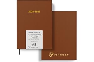Pinnora A5 Leather Tan Academic Diary 2024-2025 Week to View, Hard Cover, August-July Dated Year Organiser Planner, Ideal Student & Teacher Academic Essential, University, Revision, Study, To-Do Lists