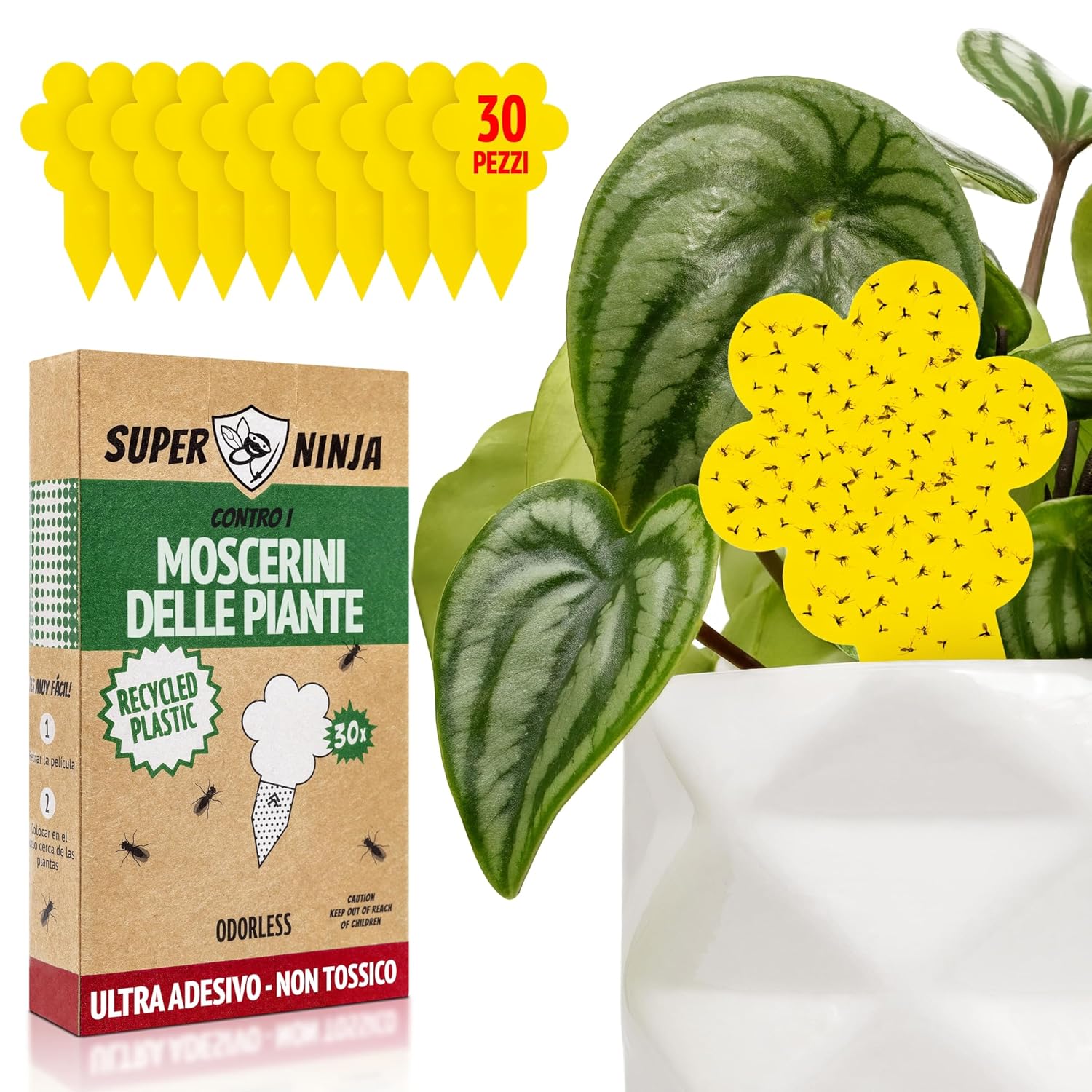Super Ninja Trappole Moscerini Piante da Interno, 30 Pezzi | Cattura e Anti Moscerini per Piante in Vaso, Colla Resistente all'Acqua, Forma Naturale di Foglia, Stacca e Applicaa