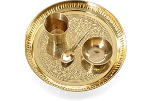 Aditri Creation Decorative Brass Flower Embossed Design Pooja Thali Set of 4 Pcs, Brass Pooja 1 Plate with 1 Bowl, 1 Glass and 1 Spoon for Temple and Home Bhog Thali Set Gift for Decorative