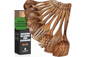 WOODENHOUSE Set Utensili Cucina in Legno 10 Pezzi - Spatola Cucina e Cucchiai Legno, Accessori Cucina Fatti a Mano, Utensili Cucina Robusti e Leggeri, Ideali per Pentole e Padelle Antiaderenti, Antigraffio