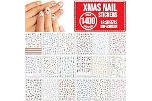 FUN STICKERS Christmas Nail Stickers Over 1400 for Children, Kids, Adults - 18 Sheets Self Adhesive Xmas Nail Art Decal Decoration Accessories - Gold, Silver Foil, Snowflake, Reindeer, Santa