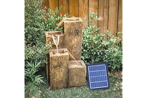 Warmiehomy Solar Water Fountain, 4 Tier Stepped Solar Water Feature, Wooden Style Waterfall with Solar Powered Pump & LED Lights for Outdoor, Garden, Backyard, Water Features Height 48 CM