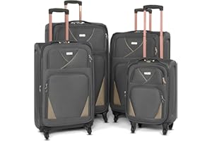 Bravich 4 Piece Luggage Set, Lightweight Soft Shell Suitcase Set with 360 Wheels & Combination Lock, for Carry On Luggage, Hand Luggage & Check in Luggage - 20" + 26" + 29" + 32" - Grey & Beige