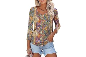 Rapbin Damskie topy tunika z rękawem 3/4 topy dla kobiet bluzki luźny krój dekolt w serek 2025 letnie kwiatowe koszule