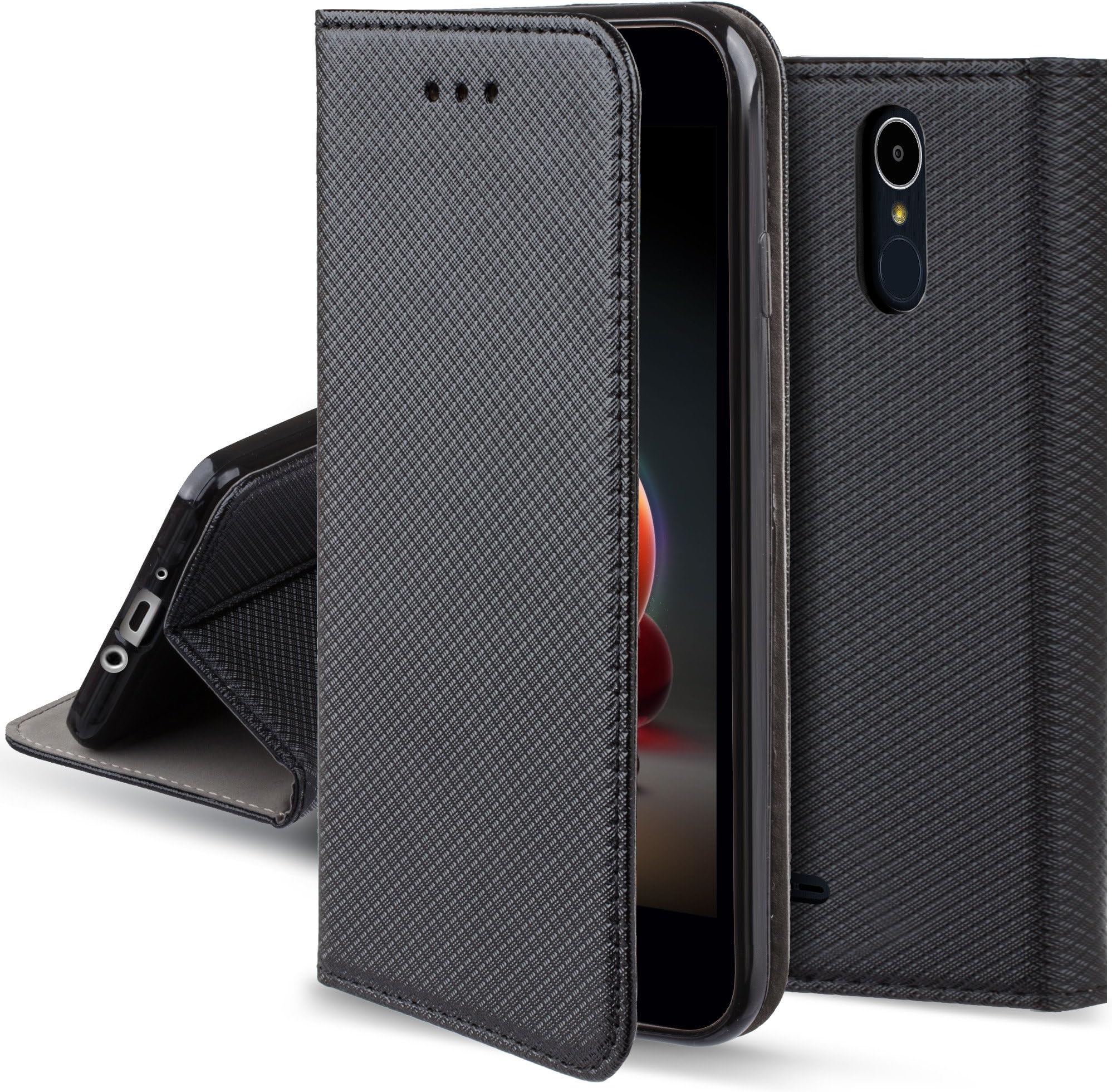 Moozy Case Flip Cover for LG K8 2017, Black - Smart Magnetic Flip Case Flip Folio Wallet Case with Card Holder and Stand, Credit Card Slots, Kickstand Function