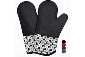 ELCM Oven Gloves Heat Resistant Silicone Shell Kitchen for 500 Degrees, Set of 2 Oven Mitts with cotton lining for BBQ Cooking set Baking Grilling Black