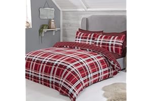 Sleepdown Tartan Check Crisscross Flannelette Brushed 100% Cotton Bedding Duvet Cover & Pillowcase Set - Red - Single