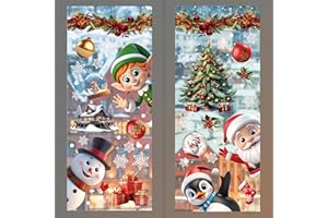 WALPLUS 149 PCS Xmas Window Clings Double Sided Christmas Window Clings Reusable Christmas Window Stickers Removable Peeking Santa & Friends with Snowflake Window Stickers