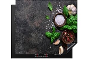 KitchenYeah© Herdabdeckplatte 60x52 cm Einteilig Küche Herdabdeckung Induktionsfeld Ceranfeld Herdabdeckplatten Vinyl Matte Aufrollbar Kräuter - Stilleben - Beton