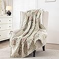 Loom and Mill Jacquard Floral Throw Blankets for Bed, French-Style Damask Throws with Fringes Trim, Soft Lightweight Velvet Lined Throw Blanket for Sofa Couch Chair All Seasons(Pearly Beige,52”x72”)